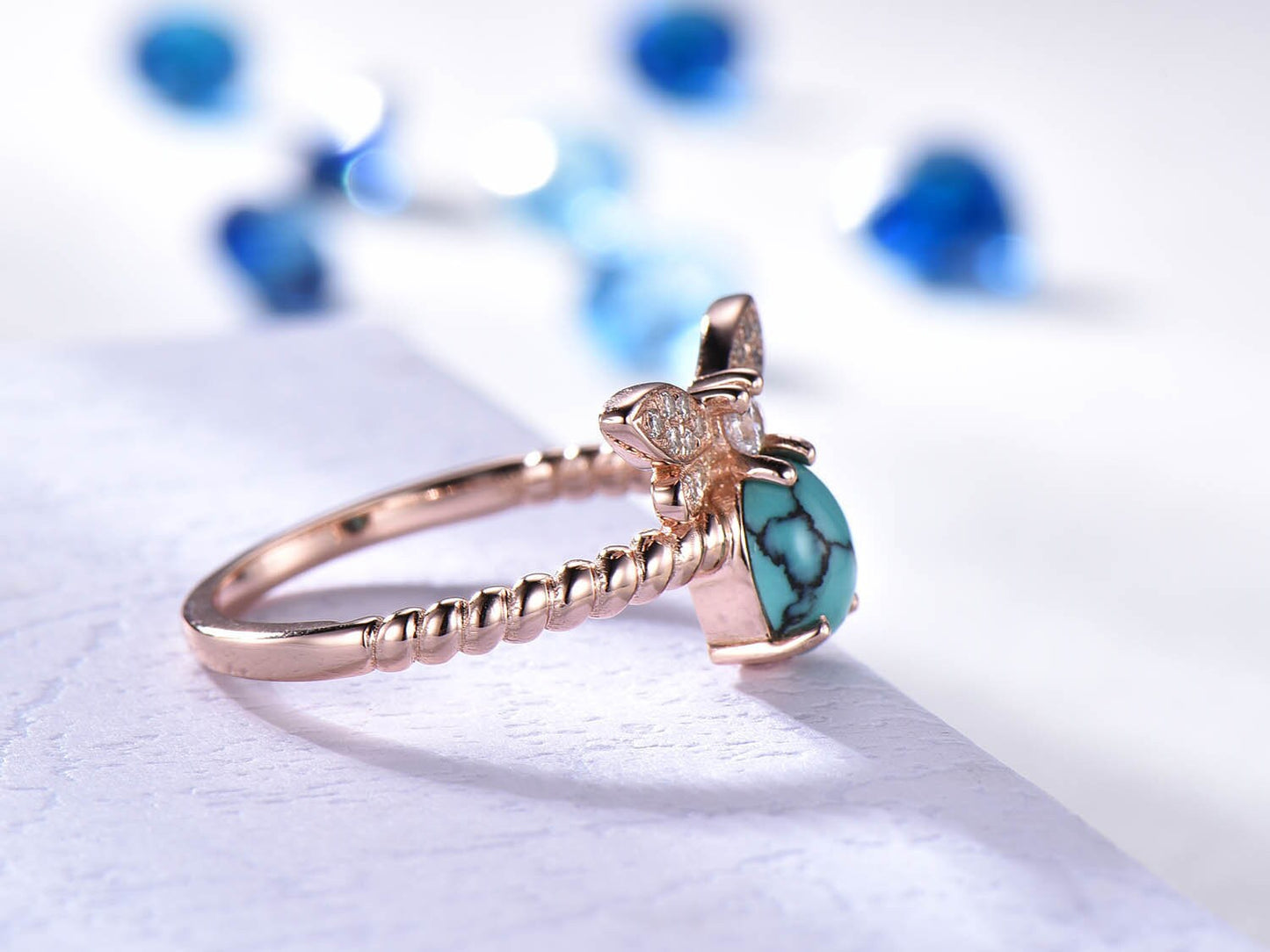 Turquoise ring for women rose gold turquoise diamond engagement ring butterfly unique design bridal promise jewelry Valentine gift 14k/18k