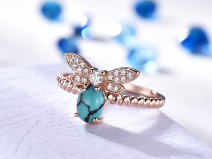 Turquoise ring for women rose gold turquoise diamond engagement ring butterfly unique design bridal promise jewelry Valentine gift 14k/18k