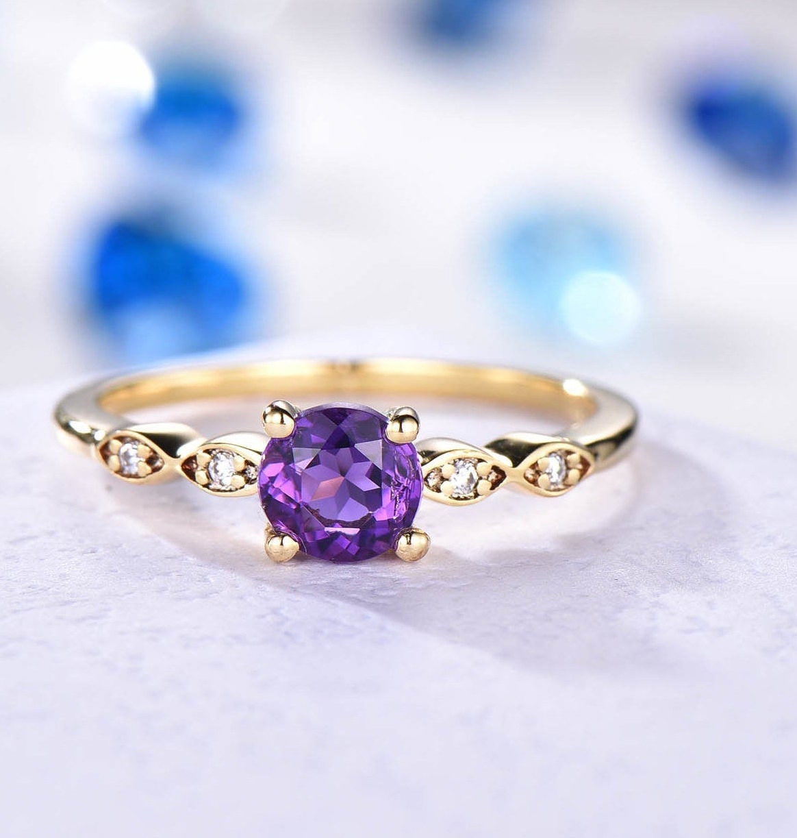 Amethyst ring women diamond wedding ring art deco amethyst promise engagement ring bridal jewelry natural gemstone 14k yellow gold