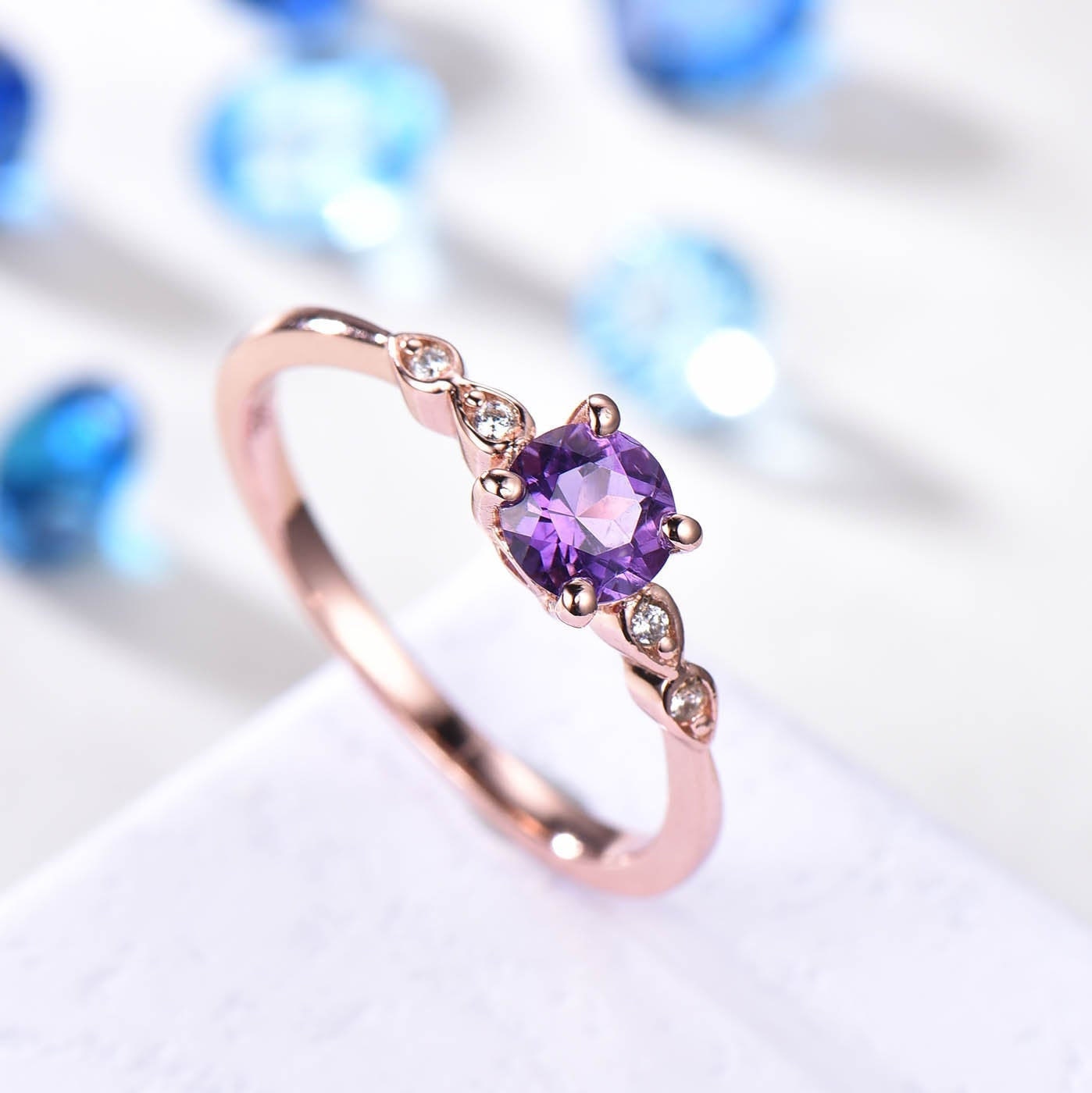 Amethyst ring women diamond wedding ring art deco amethyst promise engagement ring bridal jewelry natural gemstone 14k yellow gold