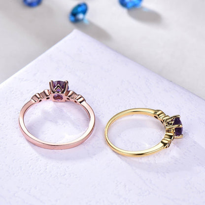 Amethyst ring rose gold women art deco ring diamond wedding band natural gemstone promise engagement anniversary jewelry solid 14k custom