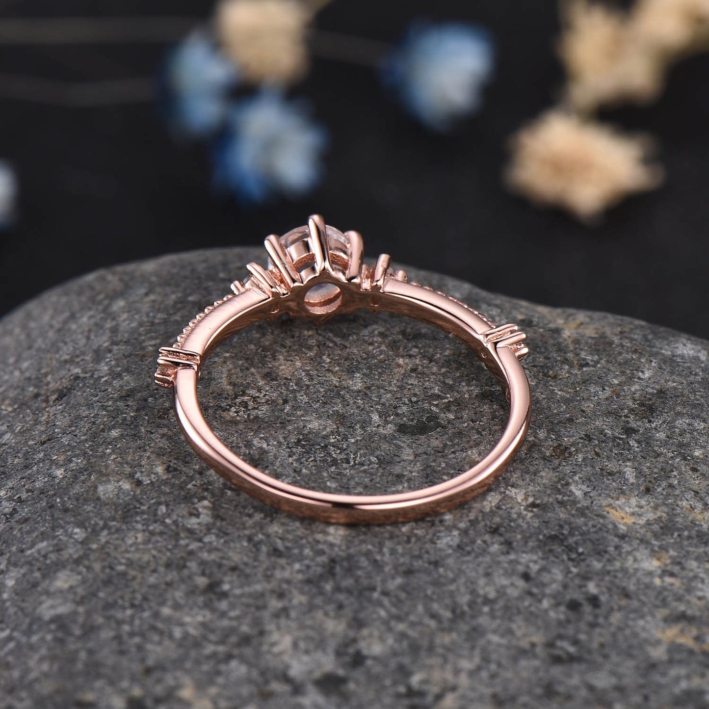 Dainty Moonstone Engagement Ring Rose Gold Women Anniversary Ring Milgrain Floral June Birthstone Promise Jewelry Wedding Gift For Her