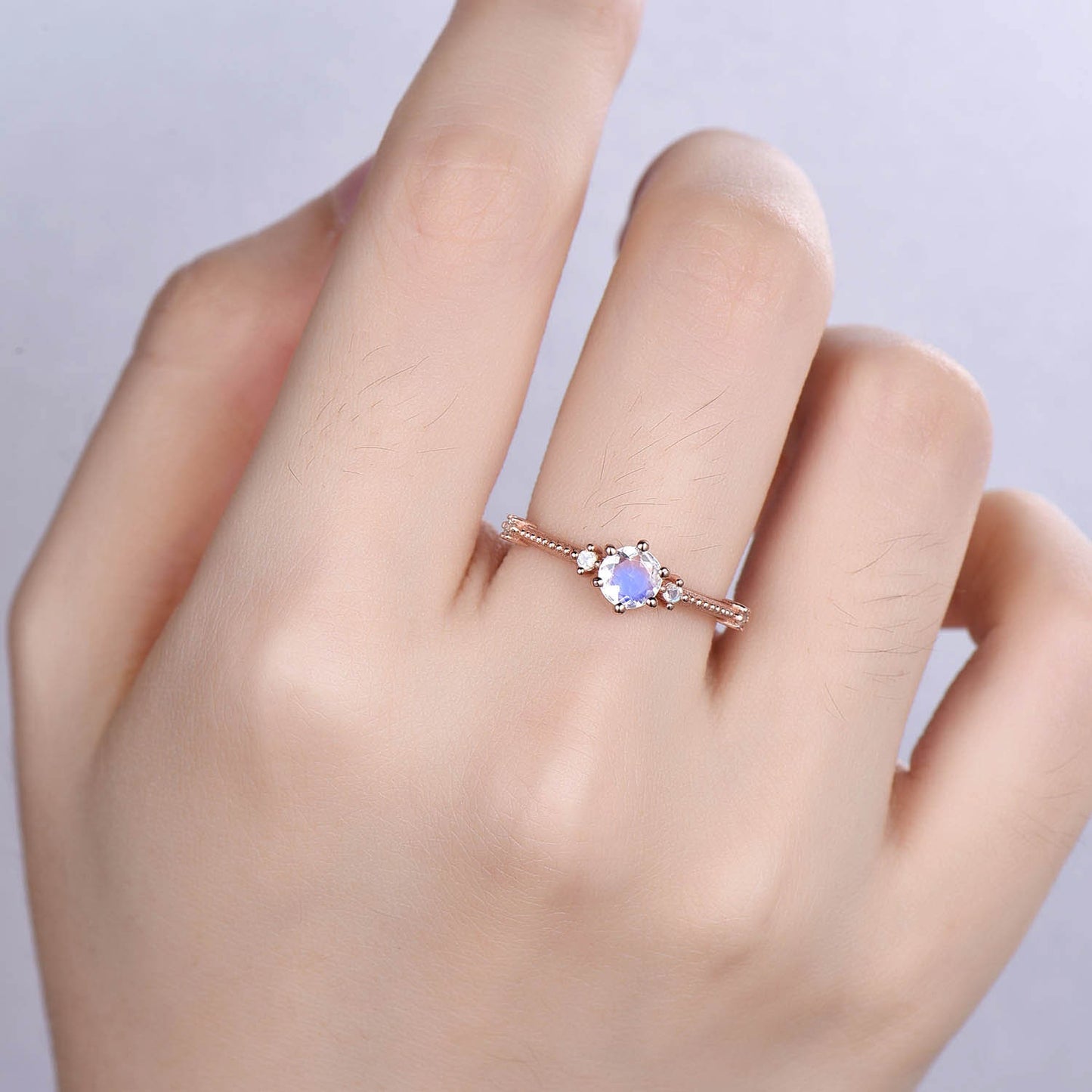 Dainty Moonstone Engagement Ring Rose Gold Women Anniversary Ring Milgrain Floral June Birthstone Promise Jewelry Wedding Gift For Her