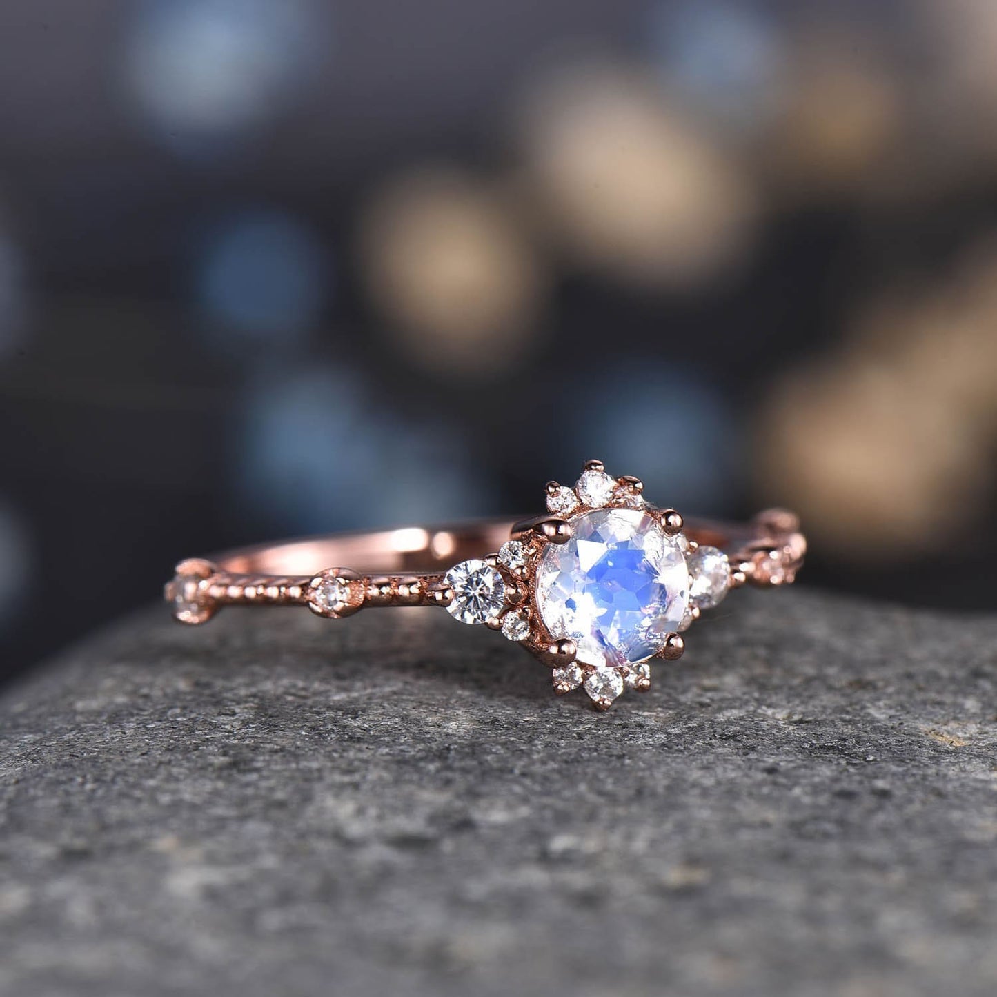 Floral Moonstone Engagement Ring Rose Gold Diamond Band Women Unique Halo Promise Bridal Jewelry Anniversary Gift For Her 14k/18k