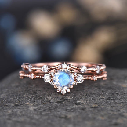 Floral Moonstone Engagement Ring Rose Gold Diamond Band Women Unique Halo Promise Bridal Jewelry Anniversary Gift For Her 14k/18k