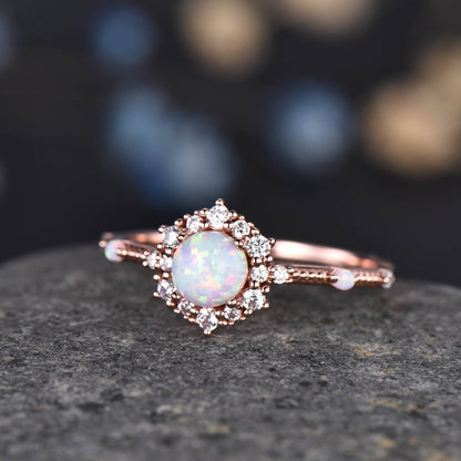 Wedding Ring Set Opal Engagement Ring Rose Gold Diamond Matching Band Curved Art Deco Eternity Stacking Crown Ring Bridal Set Gift For Her