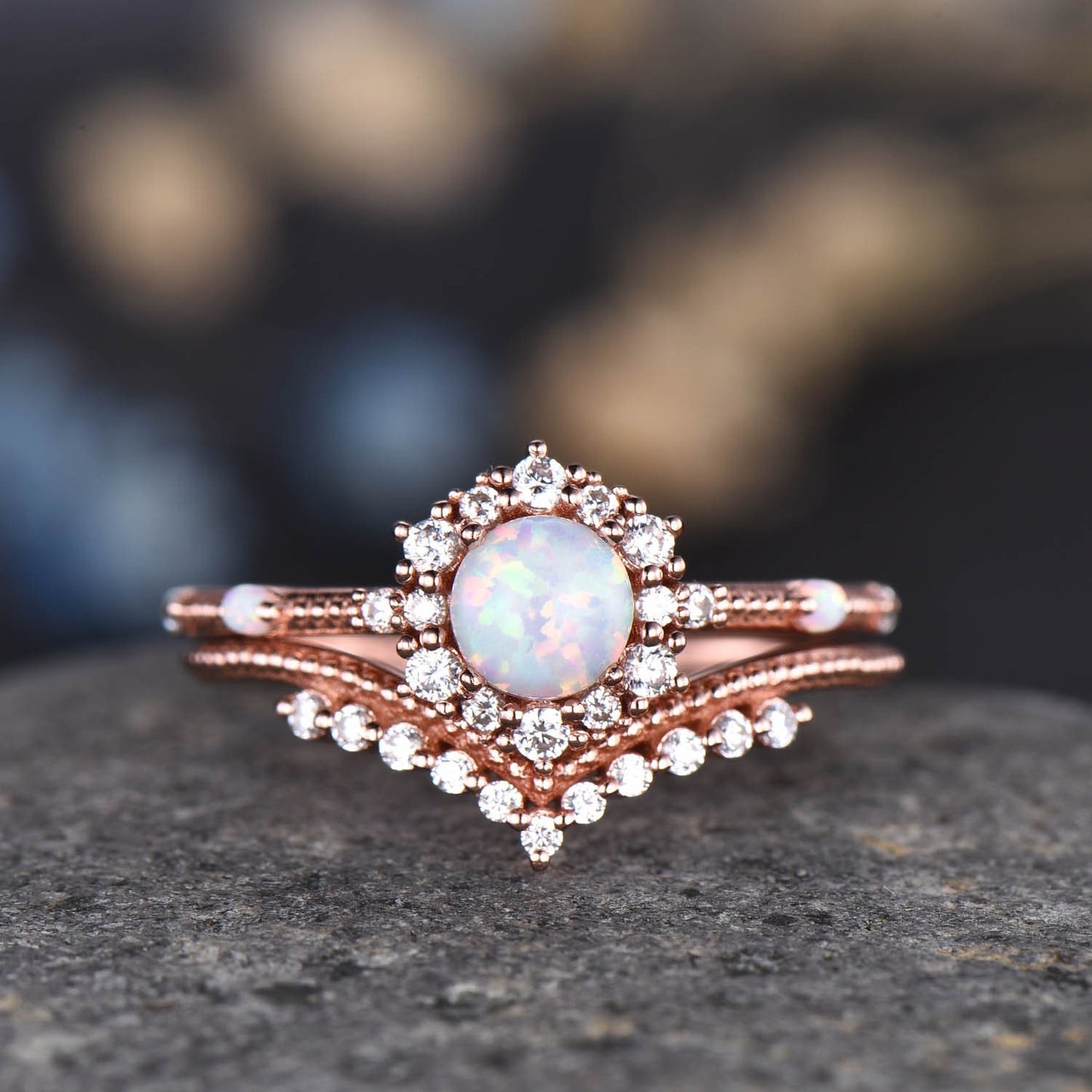 Vintage Opal Engagement Ring Set White Gold Ring Diamond Eternity Ring For Women Stacking Bridal Set Floral Halo Promise Anniversary Gift