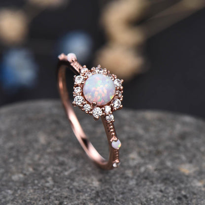 Wedding Ring Set Opal Engagement Ring Rose Gold Diamond Matching Band Curved Art Deco Eternity Stacking Crown Ring Bridal Set Gift For Her