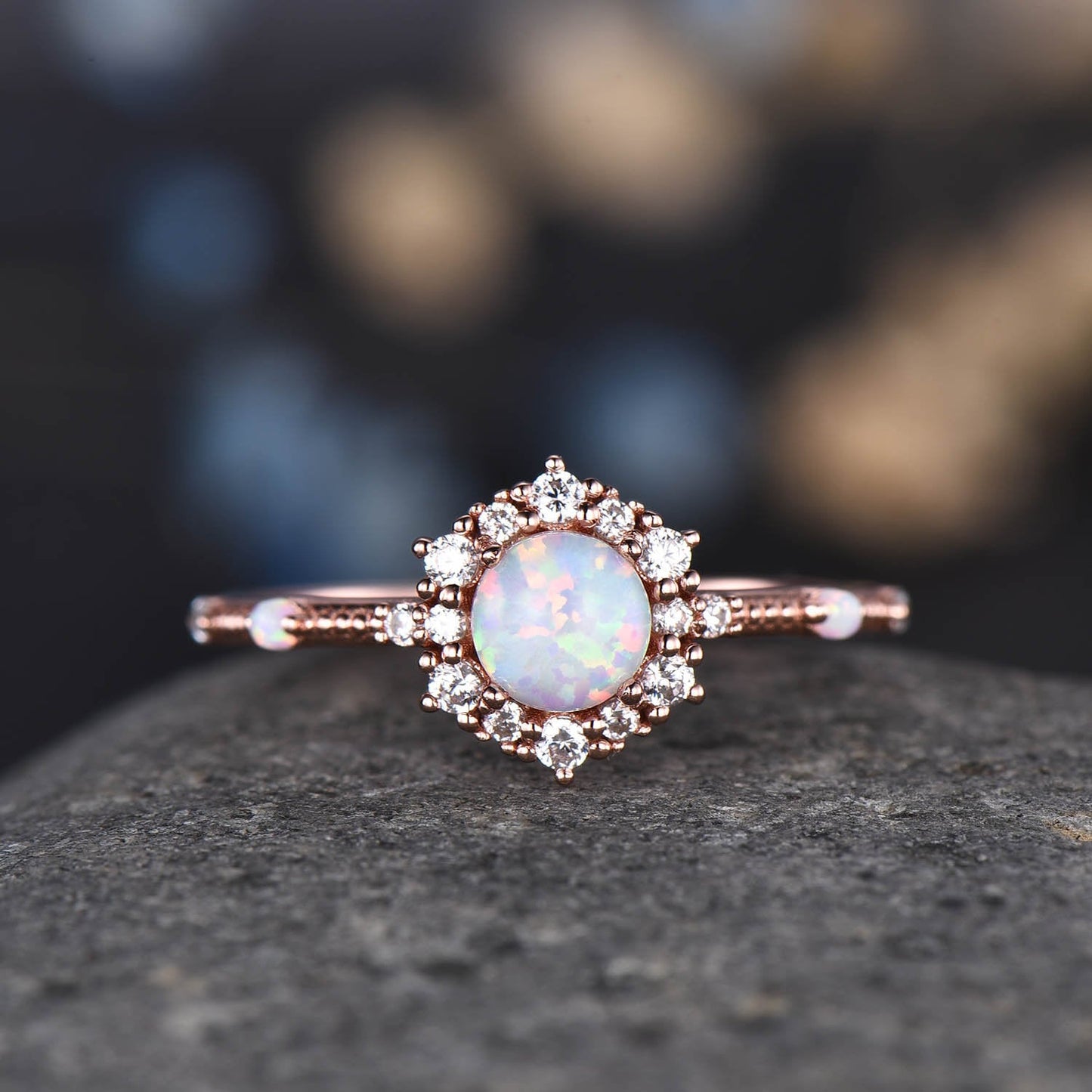 Wedding Ring Set Opal Engagement Ring Rose Gold Diamond Matching Band Curved Art Deco Eternity Stacking Crown Ring Bridal Set Gift For Her