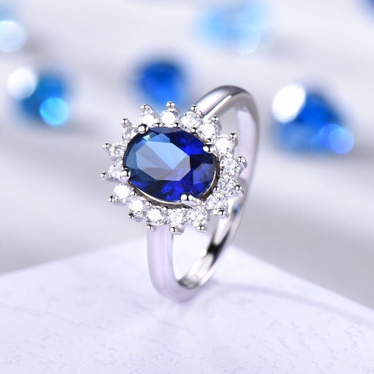 Vintage blue sapphire ring CZ diamond exquisite engagement ring white gold band genuine gemstone princess Diana style Christmas gift for her