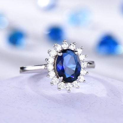 Vintage blue sapphire ring CZ diamond exquisite engagement ring white gold band genuine gemstone princess Diana style Christmas gift for her