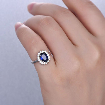 Vintage blue sapphire ring CZ diamond exquisite engagement ring white gold band genuine gemstone princess Diana style Christmas gift for her