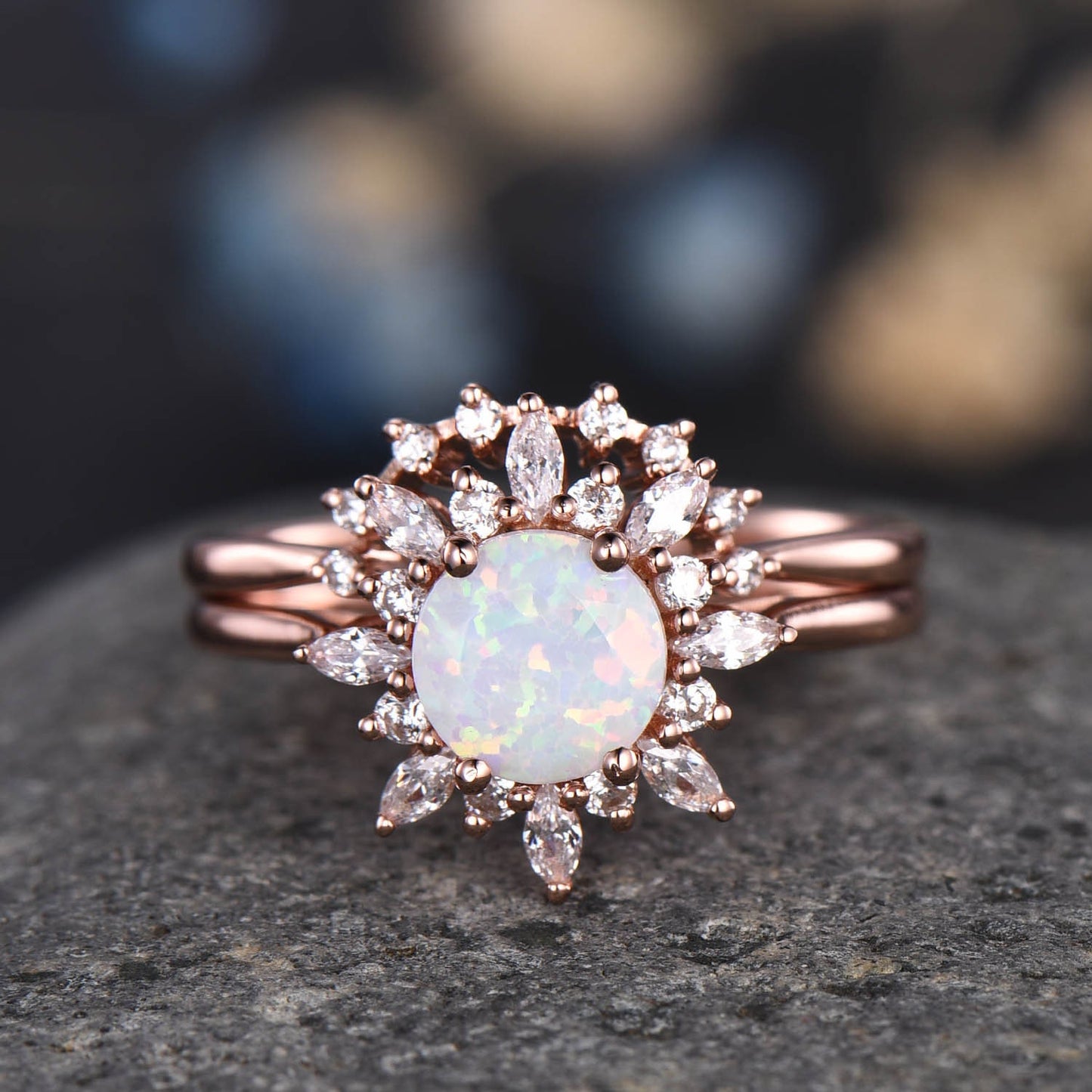 Opal Engagement Ring Rose Gold Ring Set Women Vintage Curved Diamond Matching Band Stacking Bridal Promise Jewelry For Her October Stone