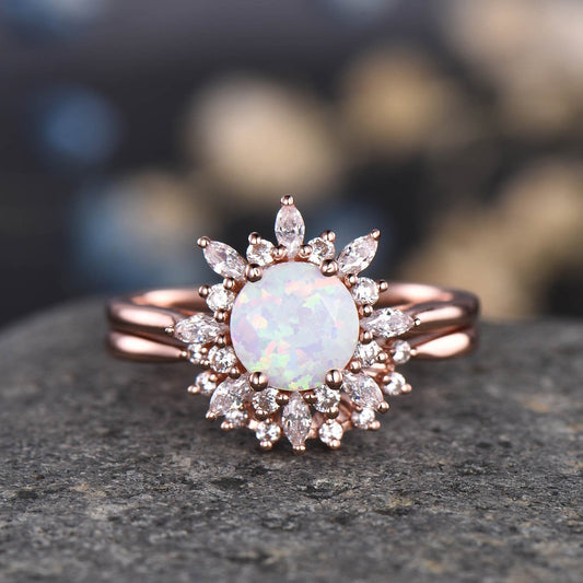 Opal Engagement Ring Rose Gold Ring Set Women Vintage Curved Diamond Matching Band Stacking Bridal Promise Jewelry For Her October Stone