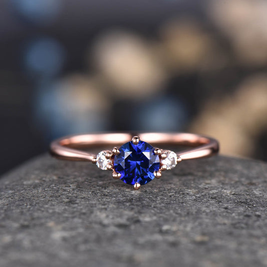 Blue sapphire engagement ring rose gold women three stone ring vintage diamond bridal promise jewelry gift for her September Birthstone