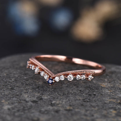 Curved Wedding Band Rose Gold Diamond Blue Sapphire Ring Women Chevron Matching Stacking Band Unique Promise Anniversary band