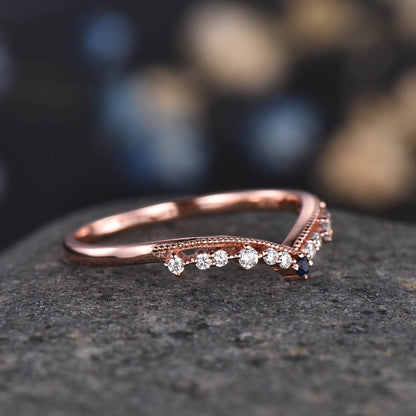 Curved Wedding Band Rose Gold Diamond Blue Sapphire Ring Women Chevron Matching Stacking Band Unique Promise Anniversary band