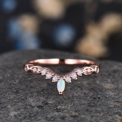 Curved Wedding Band Rose Gold Women Marquise Cut Diamond Opal Ring Unique Jewelry Stacking Matching Anniversary Gifts September Birthstone