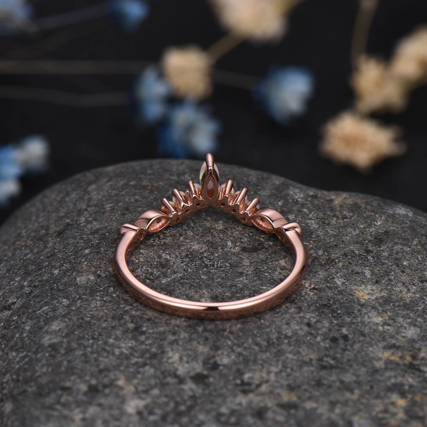 Curved Wedding Band Rose Gold Women Marquise Cut Diamond Opal Ring Unique Jewelry Stacking Matching Anniversary Gifts September Birthstone