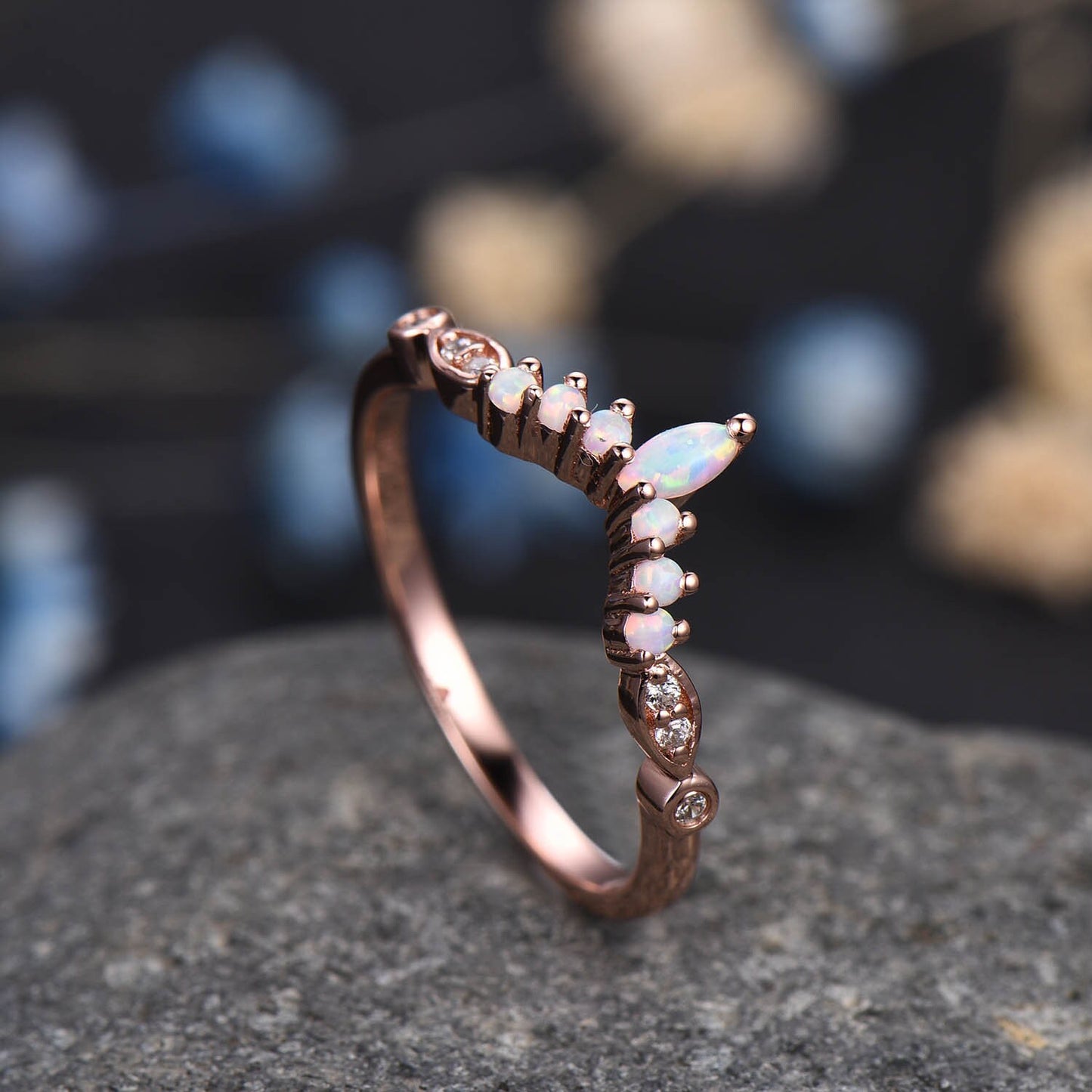 Curved Wedding Band Rose Gold Women Marquise Cut Diamond Opal Ring Unique Jewelry Stacking Matching Anniversary Gifts September Birthstone