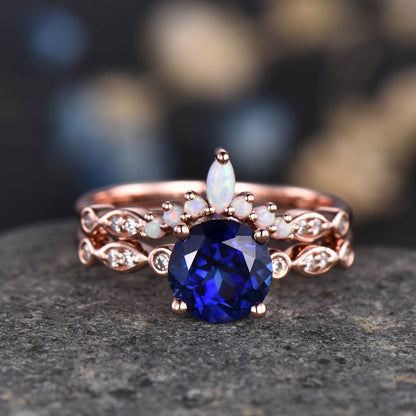 Blue sapphire engagement ring set rose gold art deco ring stacking curved opal diamond matching band promise jewelry September birthstone