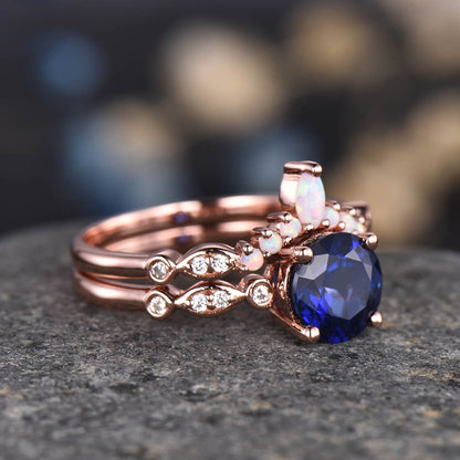 Blue sapphire engagement ring set rose gold art deco ring stacking curved opal diamond matching band promise jewelry September birthstone