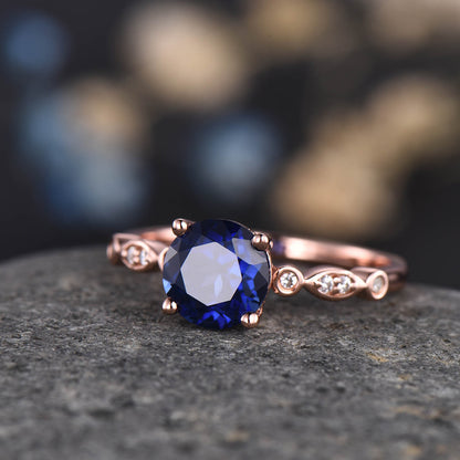 Blue sapphire engagement ring set rose gold art deco ring stacking curved opal diamond matching band promise jewelry September birthstone