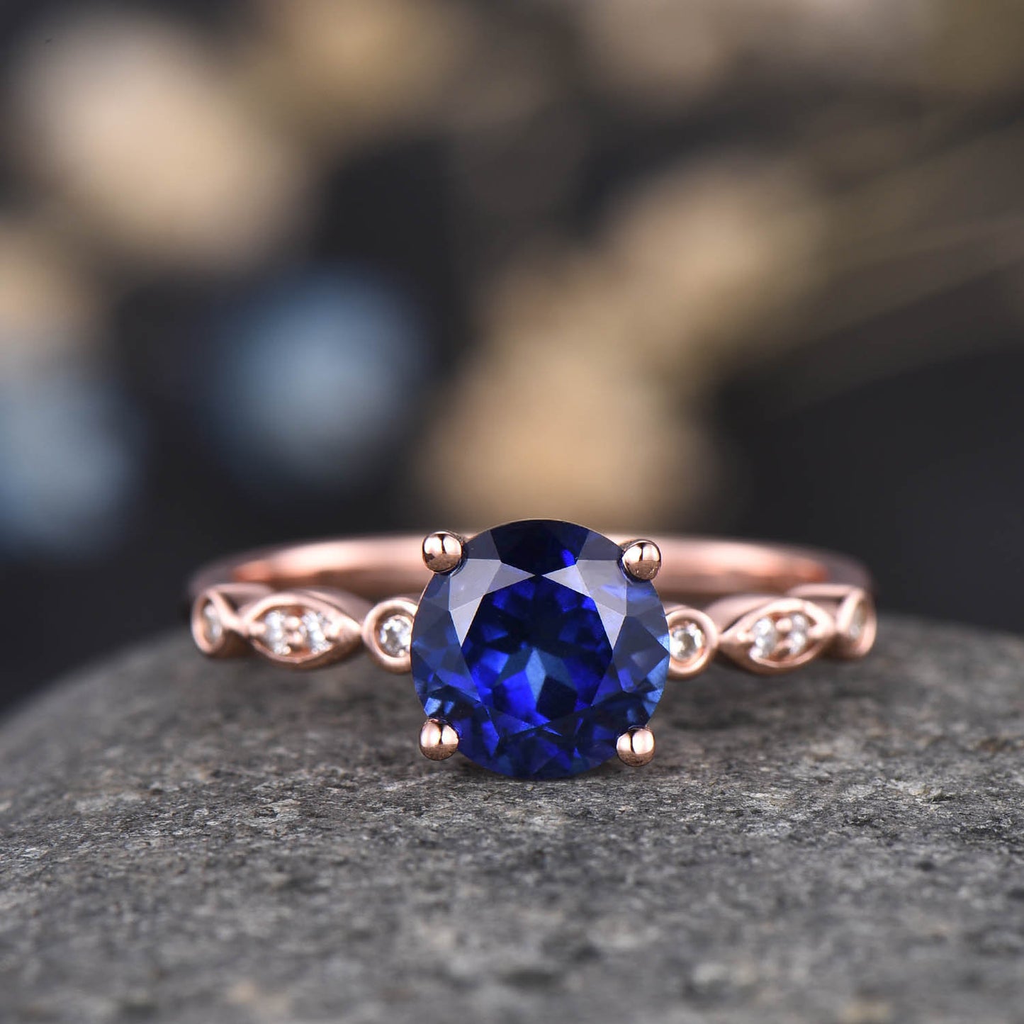 Vintage Blue Sandstone ring,women art deco 14k rose gold engagement ring,diamond band,bridal promise ring anniversary gift,Christmas gift