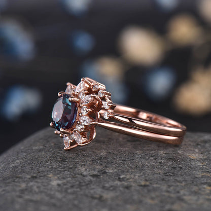 Alexandrite Engagement Ring Set Vintage Rose Gold Ring For Women Floral Diamond / Moissanite Halo Promise Jewelry Anniversary Gift For Her