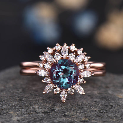 Alexandrite Engagement Ring Set Vintage Rose Gold Ring For Women Floral Diamond / Moissanite Halo Promise Jewelry Anniversary Gift For Her