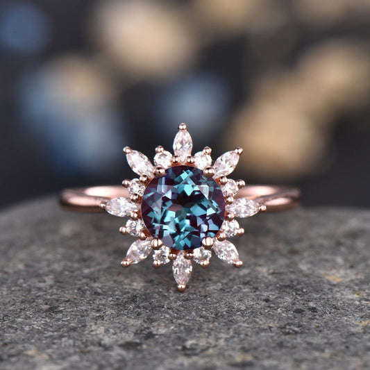 Alexandrite Engagement Ring Rose Gold Ring Diamond/ Moissanite Halo Promise Bridal Jewelry Antique Flower Style Plain Gold Band Gift For Her