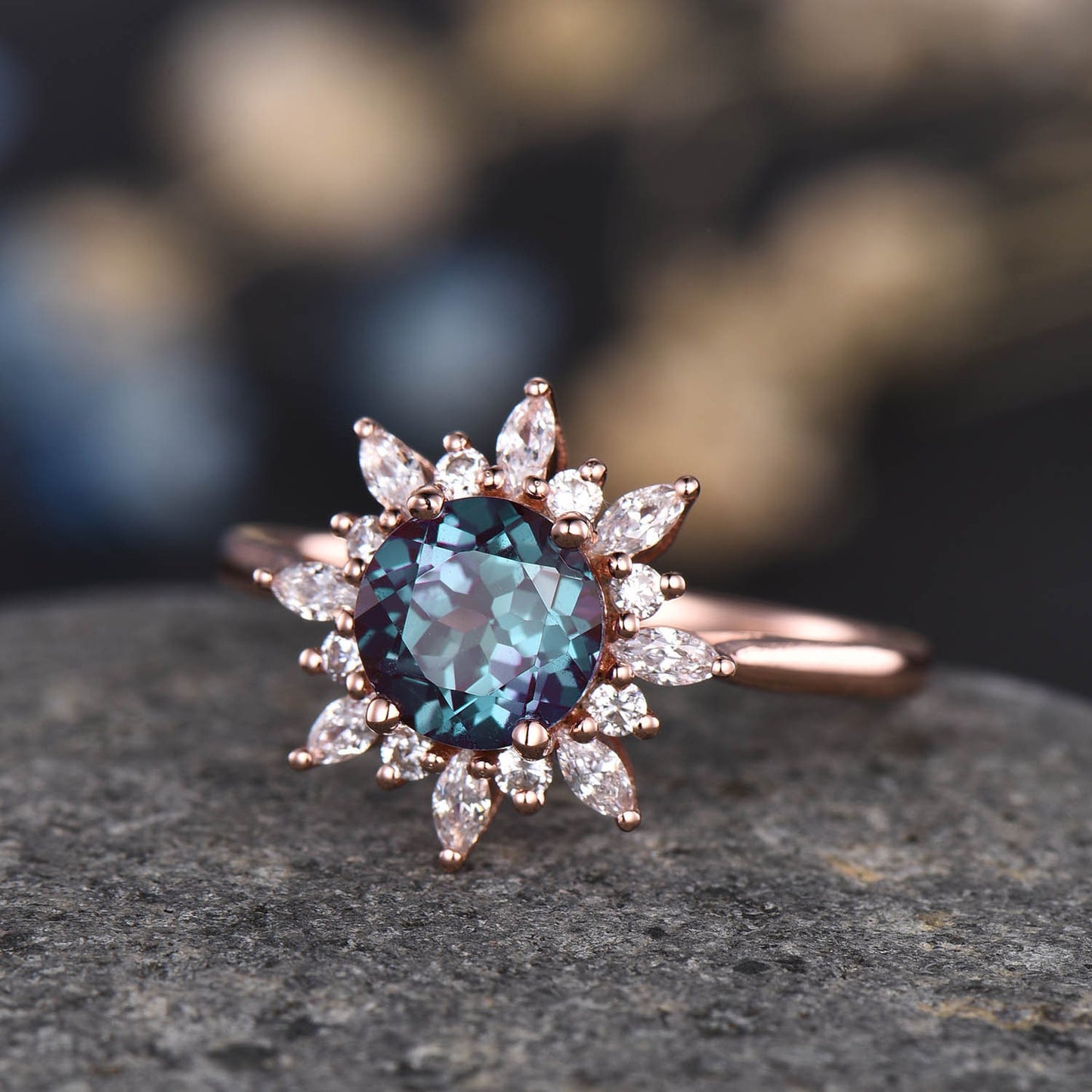 Alexandrite Engagement Ring Set Vintage Rose Gold Ring For Women Floral Diamond / Moissanite Halo Promise Jewelry Anniversary Gift For Her