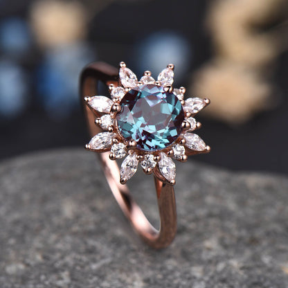 Alexandrite Engagement Ring Set Vintage Rose Gold Ring For Women Floral Diamond / Moissanite Halo Promise Jewelry Anniversary Gift For Her