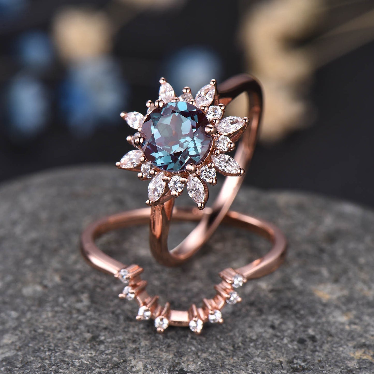 Alexandrite Engagement Ring Set Vintage Rose Gold Ring For Women Floral Diamond / Moissanite Halo Promise Jewelry Anniversary Gift For Her
