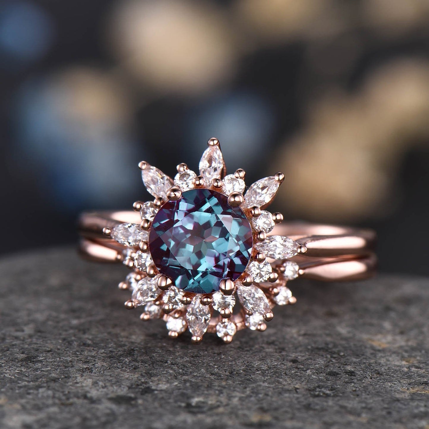 Alexandrite Engagement Ring Set Vintage Rose Gold Ring For Women Floral Diamond / Moissanite Halo Promise Jewelry Anniversary Gift For Her