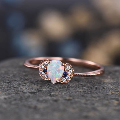 Opal Engagement Ring Women Pear Shaped Wedding Ring Rose Gold Blue Sapphire Diamond/Moissanite Jewelry Birthstone Promise Anniversary Gift