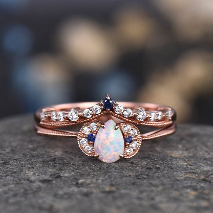 Opal Engagement Ring Women Pear Shaped Wedding Ring Rose Gold Blue Sapphire Diamond/Moissanite Jewelry Birthstone Promise Anniversary Gift