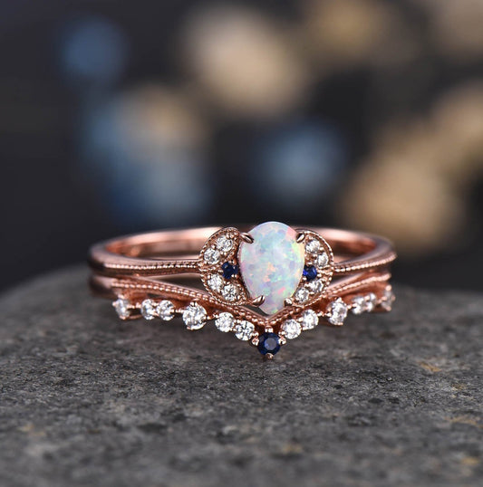 Opal Engagement Ring Set Rose Gold Diamond Blue Sapphire Matching Band Infinity Stacking Bridal Wedding Ring Set Birthstone Promise Jewelry