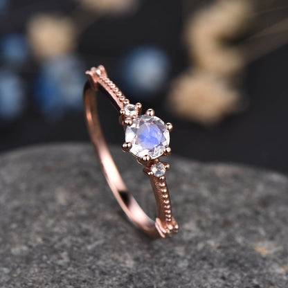 Dainty Moonstone Engagement Ring Rose Gold Women Anniversary Ring Milgrain Floral June Birthstone Promise Jewelry Wedding Gift For Her