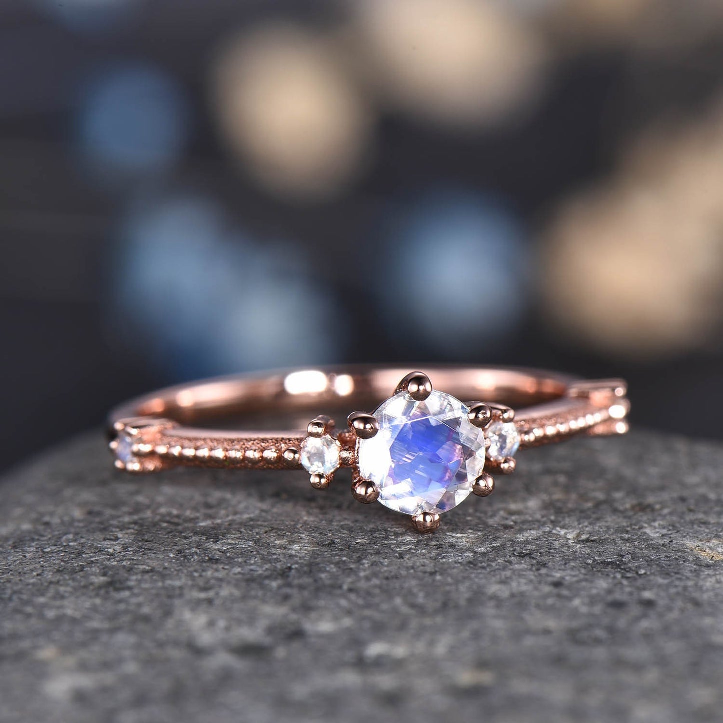 Dainty Moonstone Engagement Ring Rose Gold Women Anniversary Ring Milgrain Floral June Birthstone Promise Jewelry Wedding Gift For Her