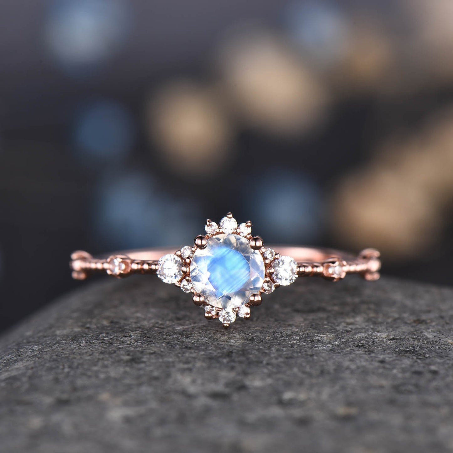 Floral Moonstone Engagement Ring Rose Gold Diamond Band Women Unique Halo Promise Bridal Jewelry Anniversary Gift For Her 14k/18k