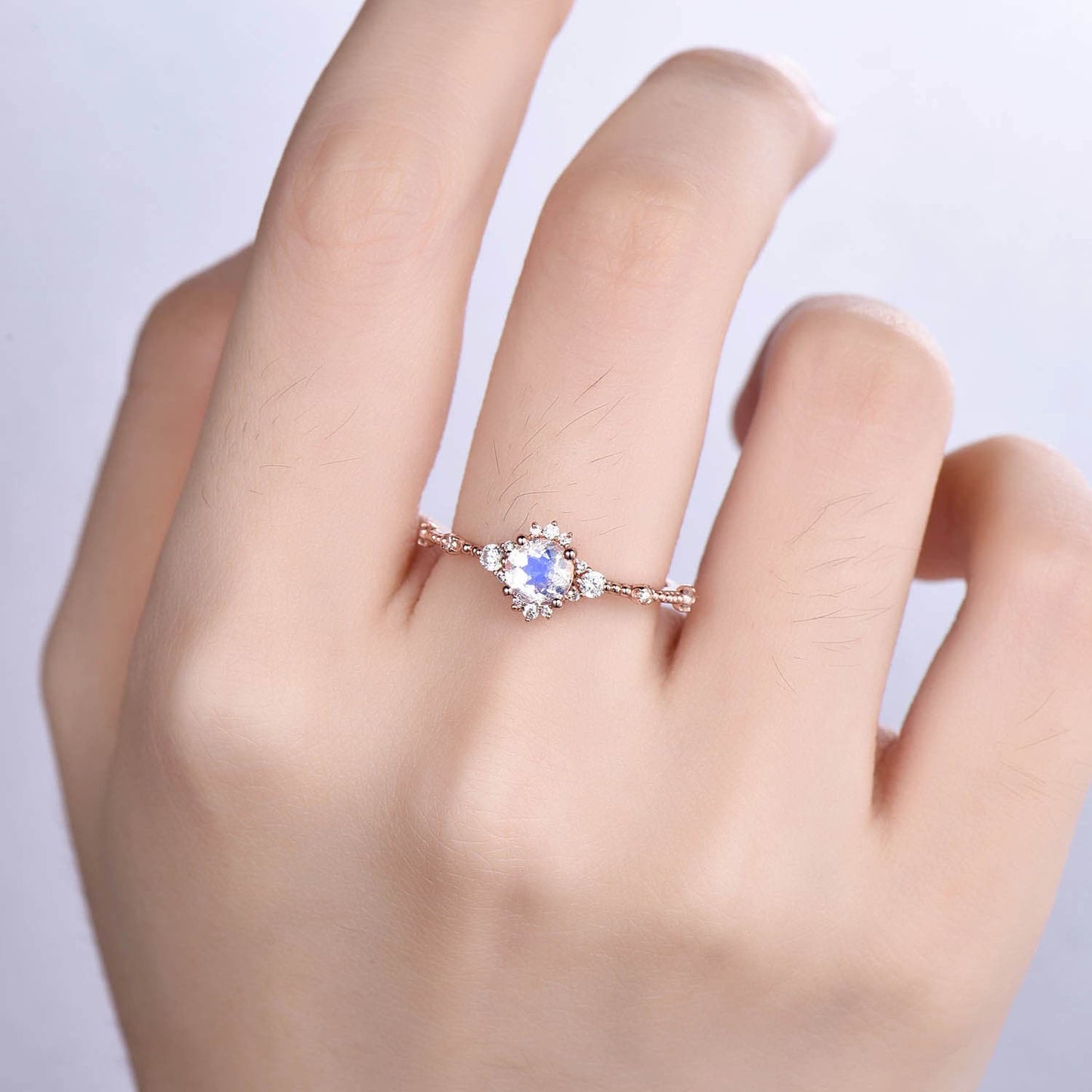 Floral Moonstone Engagement Ring Rose Gold Diamond Band Women Unique Halo Promise Bridal Jewelry Anniversary Gift For Her 14k/18k