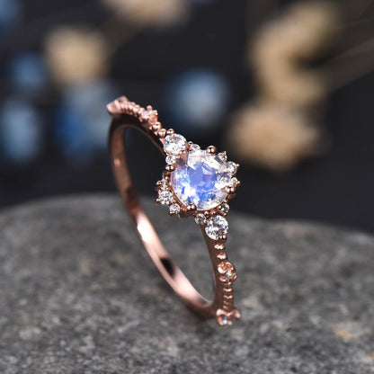 Floral Moonstone Engagement Ring Rose Gold Diamond Band Women Unique Halo Promise Bridal Jewelry Anniversary Gift For Her 14k/18k