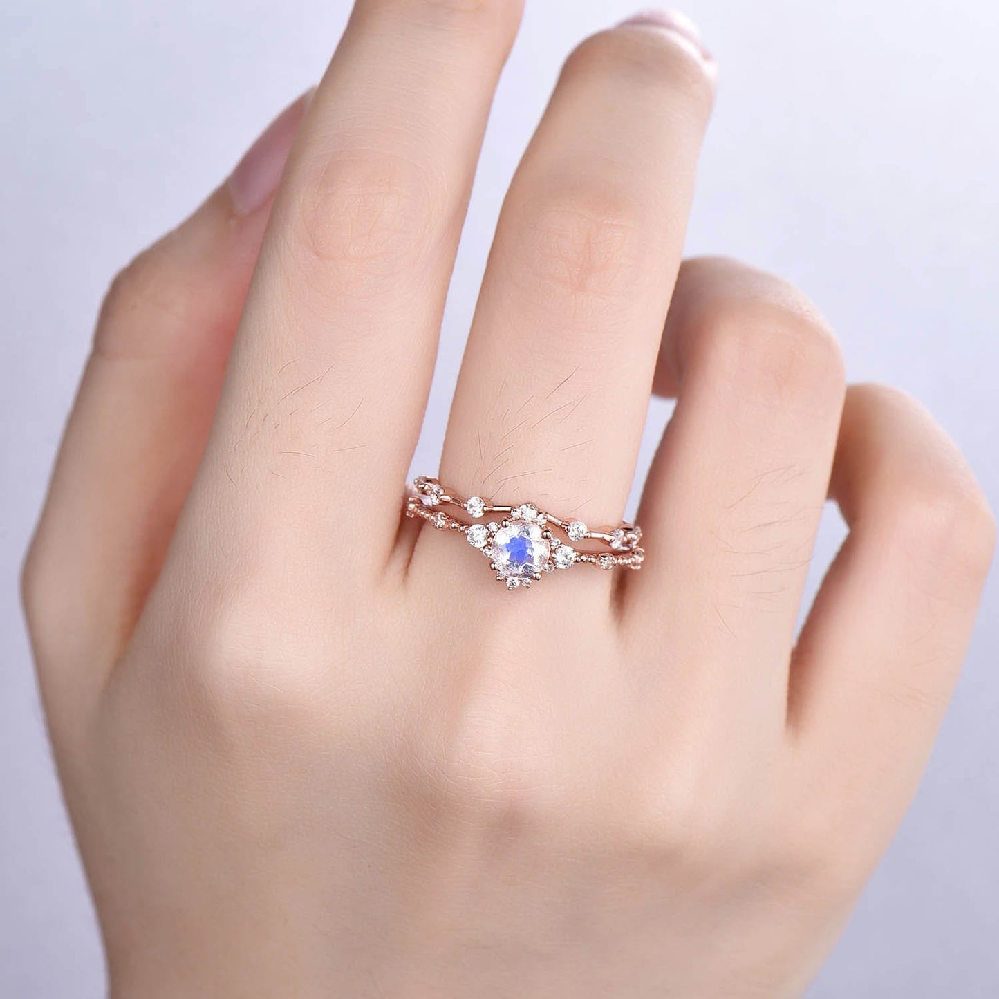 Floral Moonstone Engagement Ring Rose Gold Diamond Band Women Unique Halo Promise Bridal Jewelry Anniversary Gift For Her 14k/18k