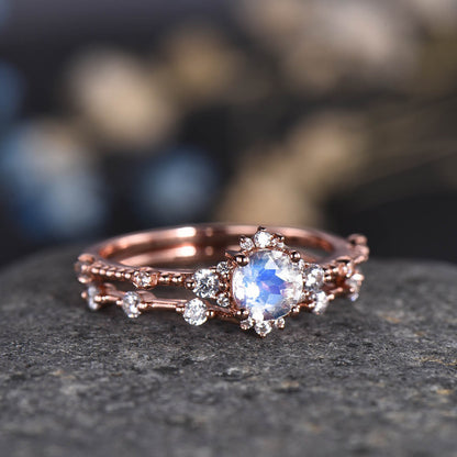 Floral Moonstone Engagement Ring Rose Gold Diamond Band Women Unique Halo Promise Bridal Jewelry Anniversary Gift For Her 14k/18k