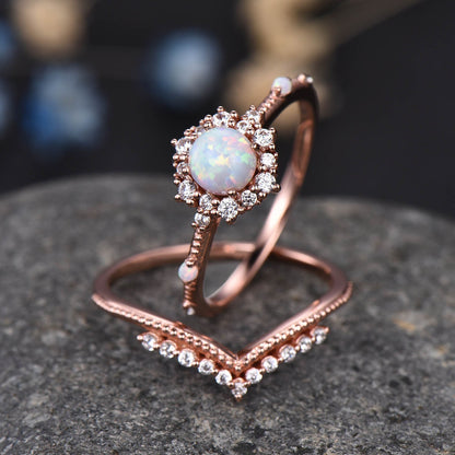 Vintage Opal Engagement Ring Set Rose Gold Diamond Eternity Ring For Women Stacking Bridal Set Floral Halo Promise Anniversary Gift Sterling