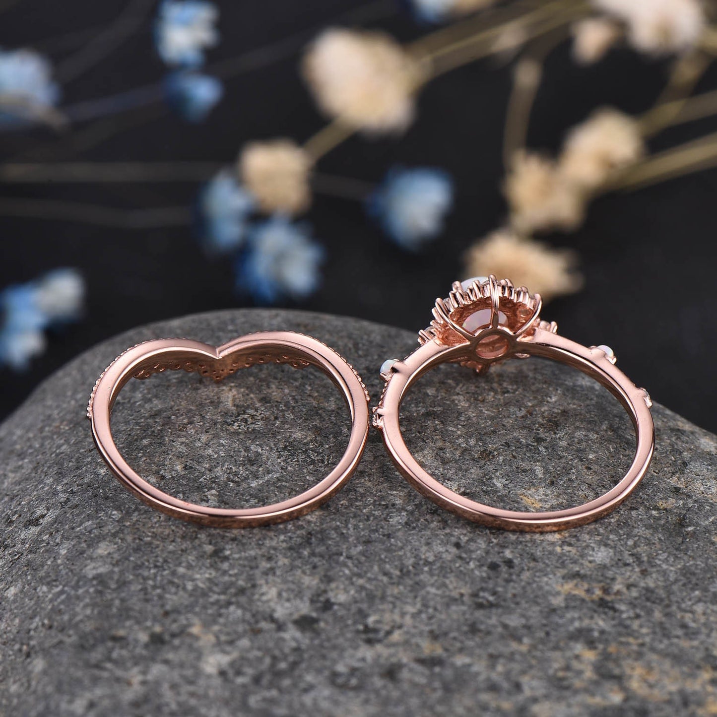 Vintage Opal Engagement Ring Set Rose Gold Diamond Eternity Ring For Women Stacking Bridal Set Floral Halo Promise Anniversary Gift Sterling