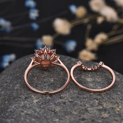 Opal Engagement Ring Rose Gold Ring Set Women Vintage Curved Diamond Matching Band Stacking Bridal Promise Jewelry For Her October Stone