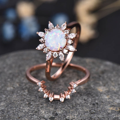 Opal Engagement Ring Rose Gold Ring Set Women Vintage Curved Diamond Matching Band Stacking Bridal Promise Jewelry For Her October Stone