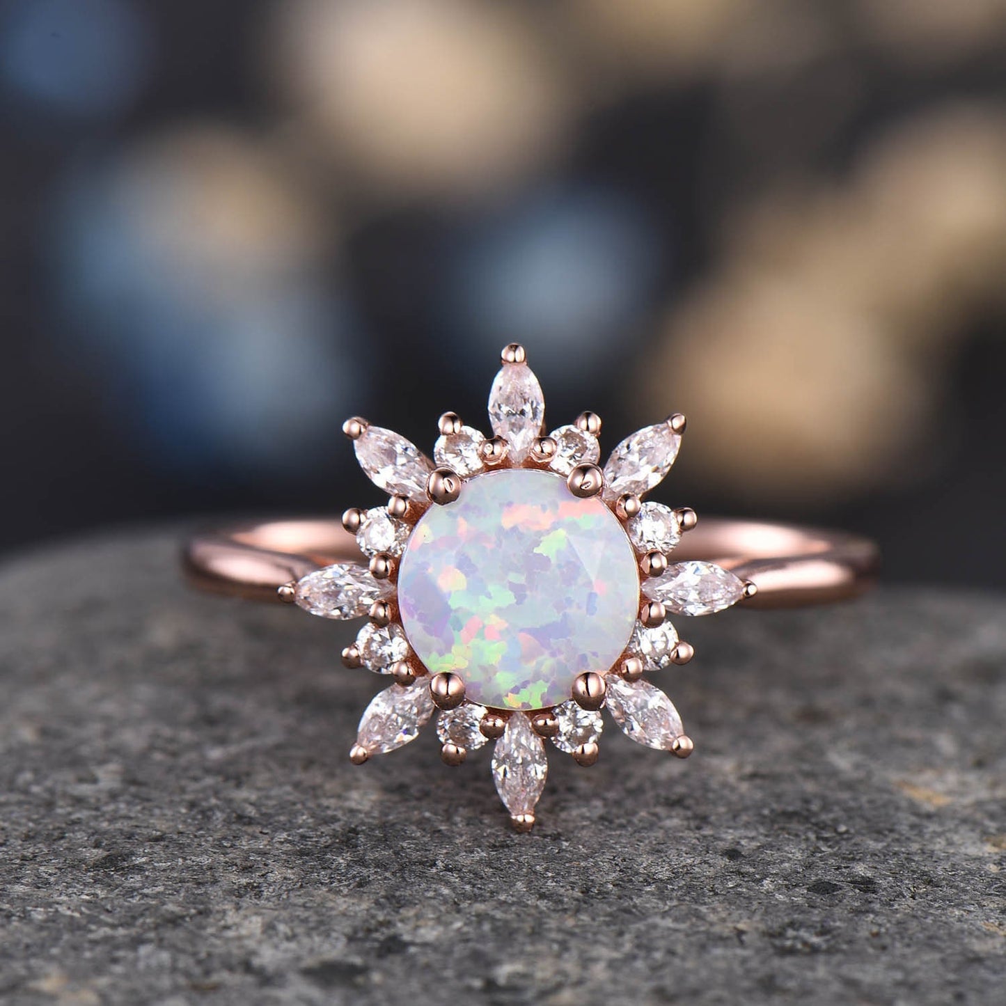 Opal Engagement Ring Rose Gold Ring Set Women Vintage Curved Diamond Matching Band Stacking Bridal Promise Jewelry For Her October Stone